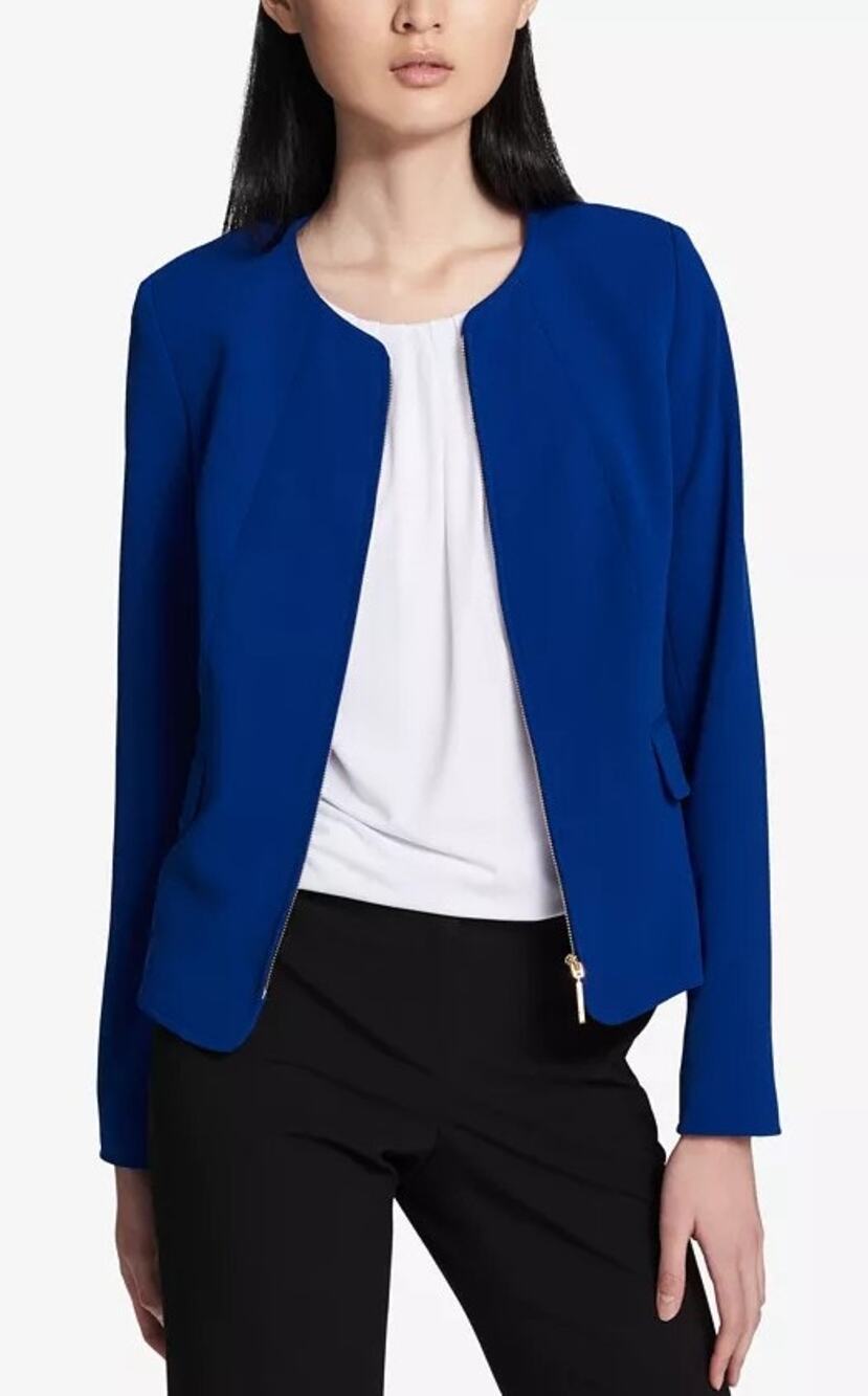Calvin Klein Royal Blue Collarless Crepe Zip Front Jacket Blazer Size 8*p